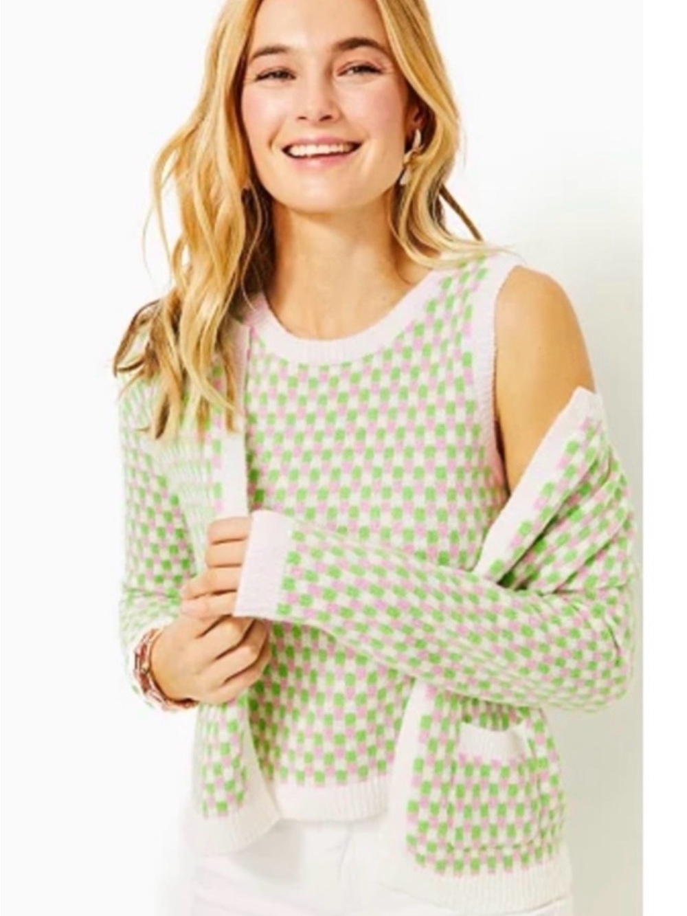 Lilly Pulitzer Viera 2 piece Sweater Set Cardigan Tank Pink Green XL NWT